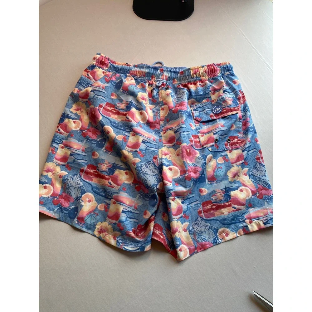 Peter Millar Mens Tropical Cocktail Print Swim Trunks Blue Pink Floral Large